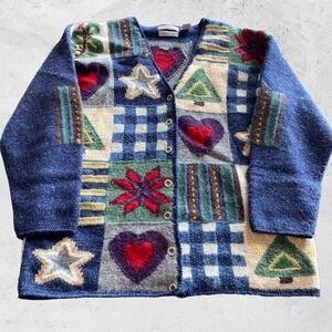 Northern Isles Sweater XL Knitted by Hand Patchwork Cardigan Wool Vintage Hearts